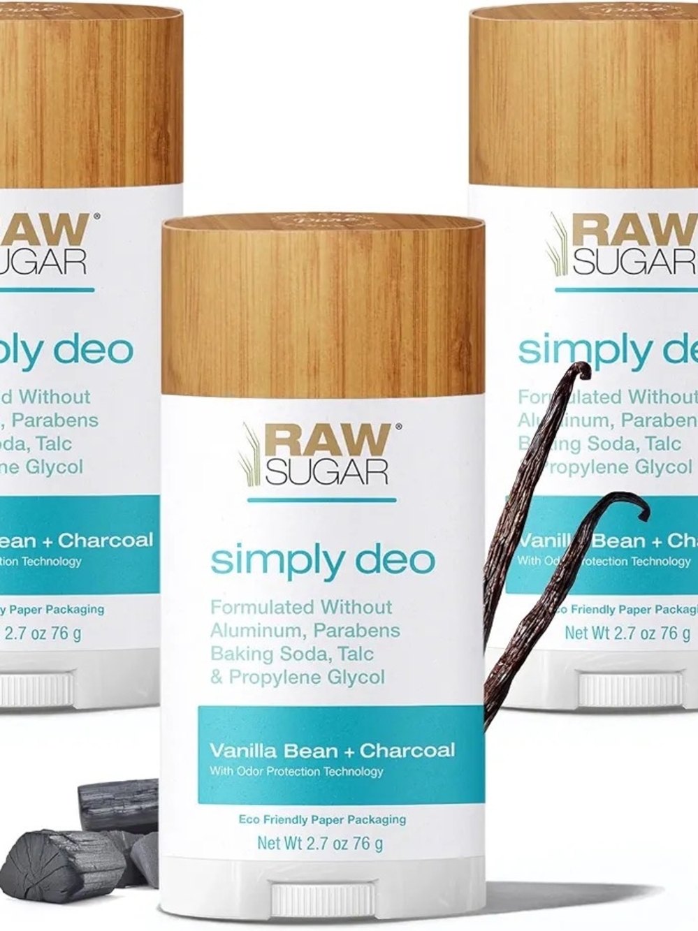 3 Raw Sugar Simply Deodorants - 2 Eucalyptus & Mint + 1 Vanilla & Charcoal NEW